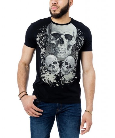 Men's Three Skulls Rhinestone T-shirt Black $21.60 T-Shirts